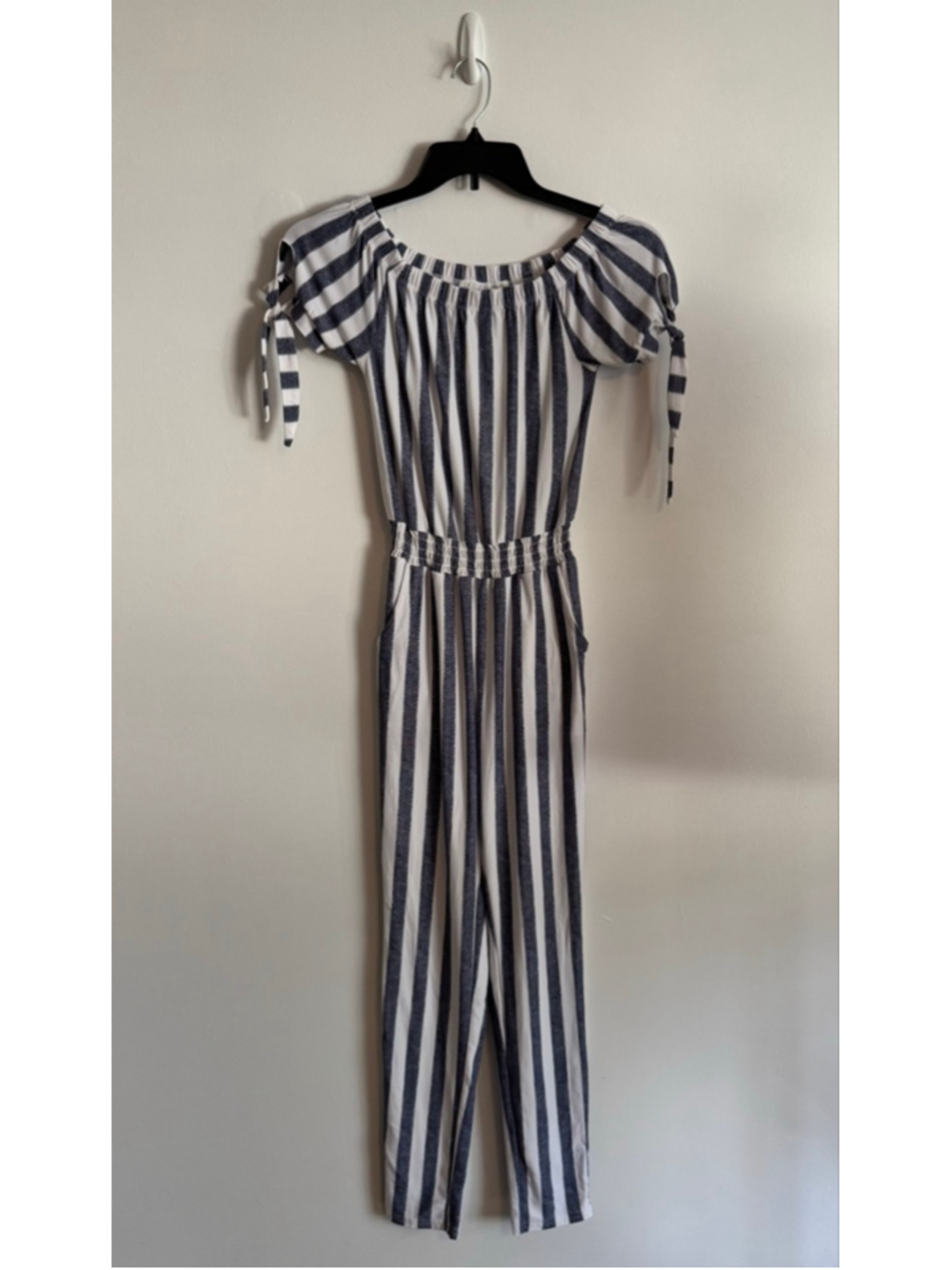 Women's Planet Gold Striped Off-Shoulder Jumpsuit S White Blue